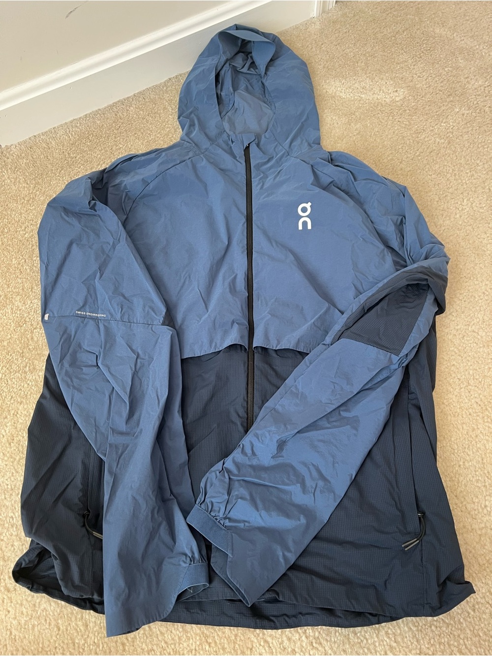 On Core Hooded Packable Running Jacket in denim/navy